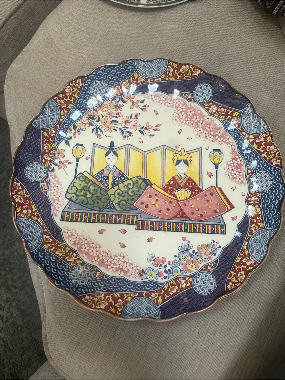 Hand-Painted Ceramic Display Plate in Blue, Pink and Gold